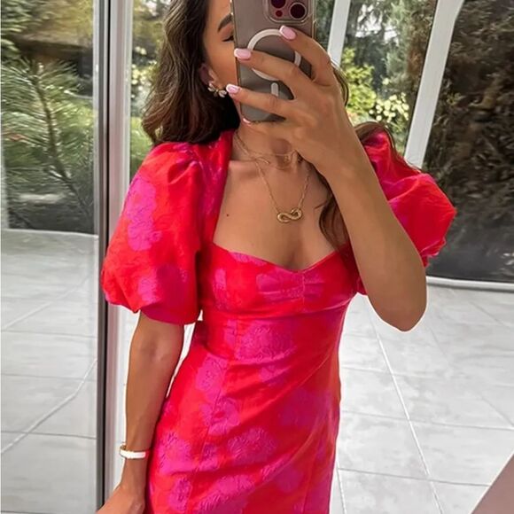 NWT ZARA PUFF SLEEVEβJACQUARD MINI DRESS Fuchsia | 8072/54 - Picture 8 of 16